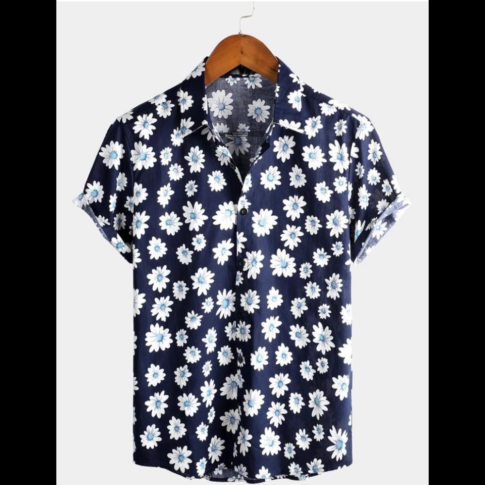 Men's Floral Daisy Print Tropical Hawaiian Cotton Flower Shirt